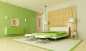 Green modern bedroom with shower - 3d rendering